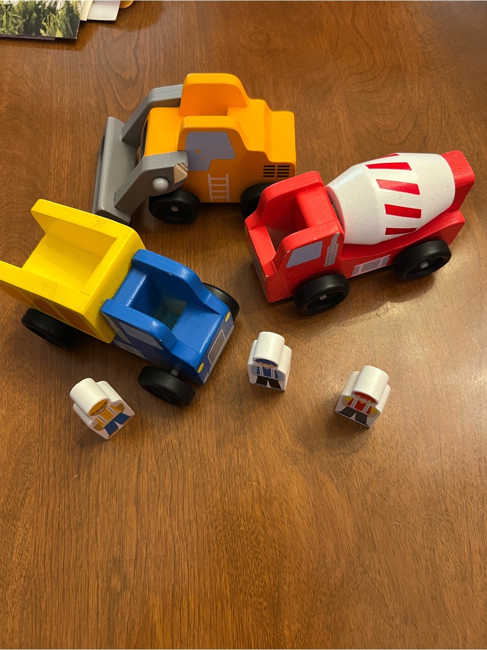 Melissa & Doug Wooden Toy Construction Vehicle Set with workers